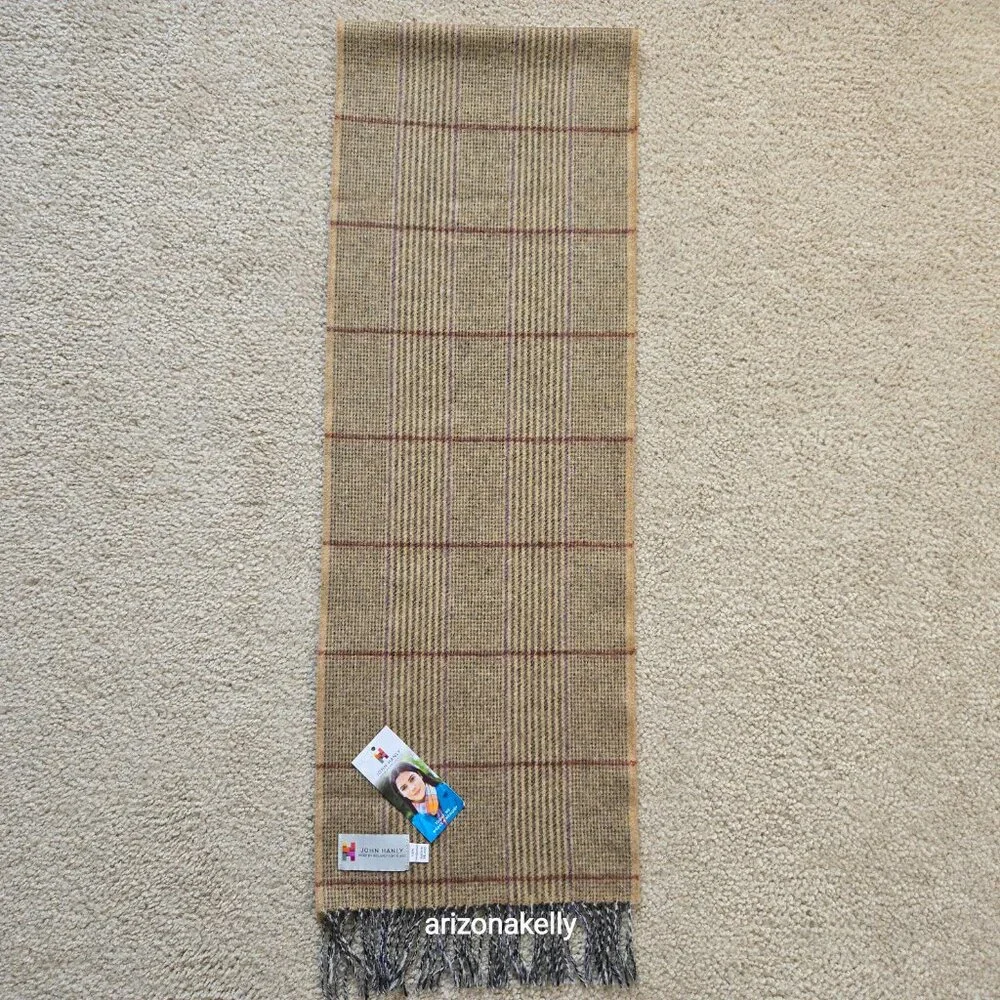 NWT John Hanly Lambswool Tan Plaid Scarf